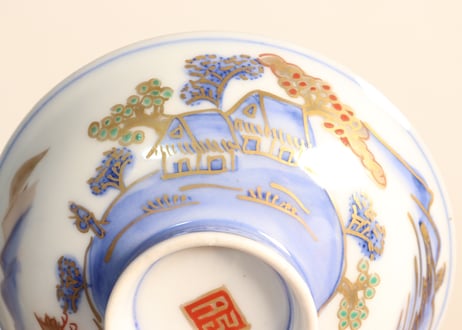明治前期金彩染付山水図通り物飯茶碗②薄め