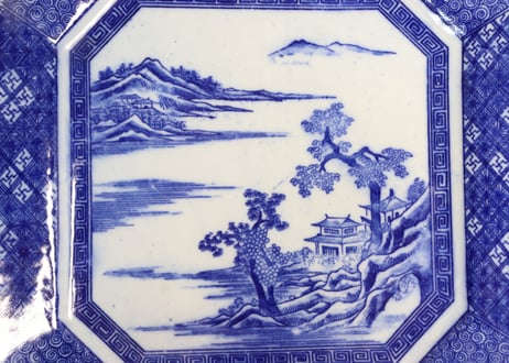 明治後期~大正銅判山水図角皿 ムシクイ,かたつき,ノミホツ