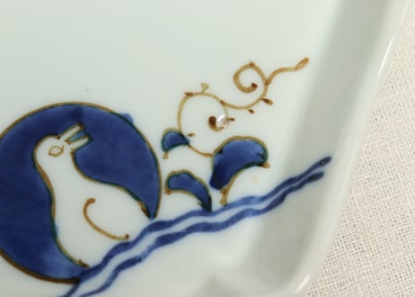 大正～昭和戦前染付鳥と唐草図菱形皿②少しかたつき