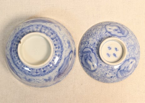 明治前期染付三方に山水窓絵と萩唐草図イゲ縁通り物飯茶碗