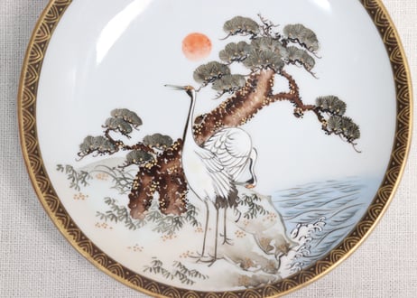 明治前期九谷焼色絵松鶴図通り物5寸皿②ムシクイ