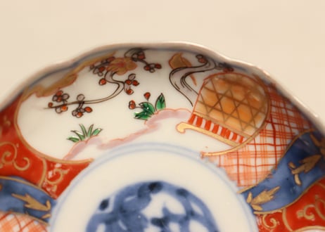 明治前期色絵梅と鶯に鳥籠図通り物小皿
