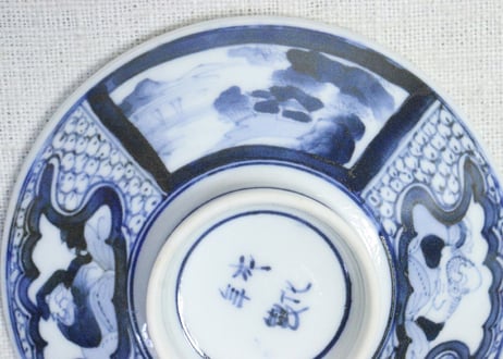 明治後期～大正染付山水と大黒様布袋様通り物つぼ碗