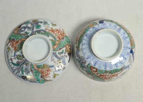 明治前期色絵鶴と松竹梅図通り物蒸茶碗