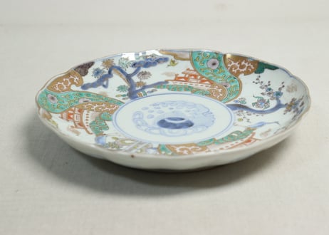 明治前期色絵鶴と松竹梅図通り物7寸皿