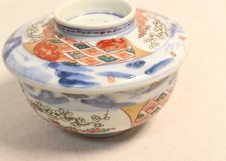 明治前期色絵柴垣に梅と龍図通り物蒸茶碗