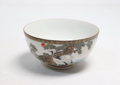 明治前期九谷焼色絵松鶴図通り物飯茶碗