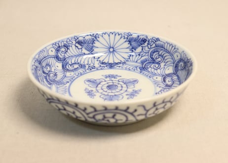 江戸幕末線描き花と唐草図なます皿