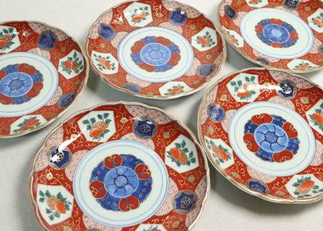 江戸幕末色絵牡丹と青玉図通り物7寸皿②少かたつき