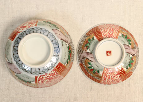 明治前期色絵桜に万年青図通り物飯茶碗①濃いめ