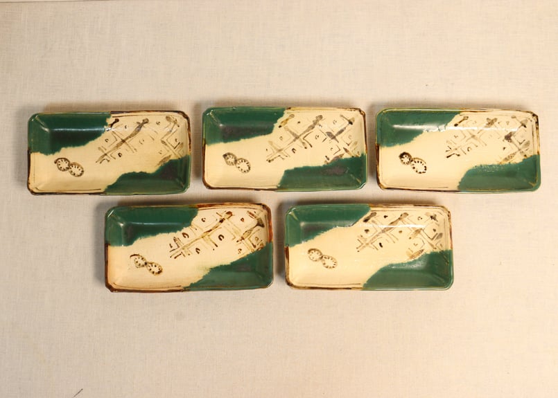 明治後期～大正織部焼幾何学文長皿 5客組 1客かたつき,シミ有り