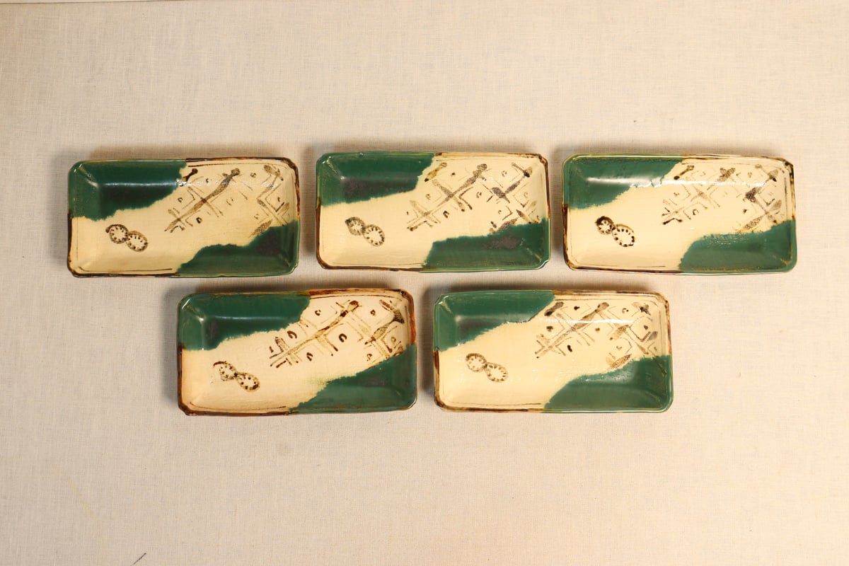 明治後期～大正織部焼幾何学文長皿 5客組 1客かたつき,シミ有り