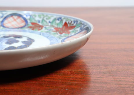 江戸中期色絵丸と唐草に花図7寸皿② ホツ