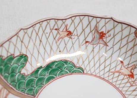 明治前期色絵網手に鶴と梅に鶯図通り物なます皿