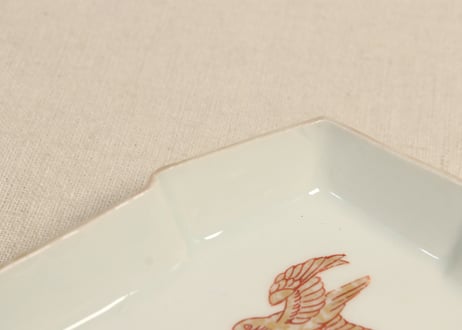 明治後期～大正色絵紅葉と鳥図縁立菱形皿①鳥に金彩あり,釉剥げ
