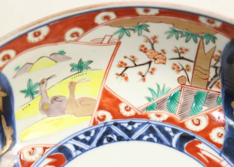 明治前期色絵松竹梅と鶴図8寸鉢②釉剥げ