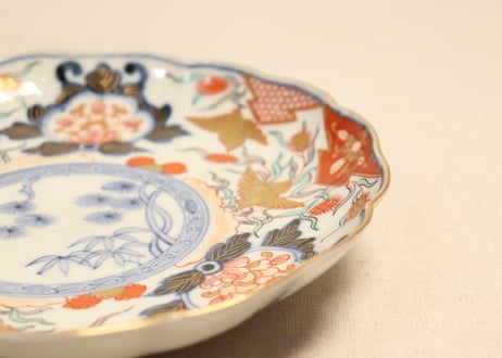 明治前期色絵芦に鳥と牡丹図通り物7寸皿①