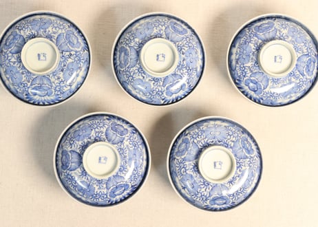 江戸幕末染付線描き三方に花図蓋茶碗 5客組