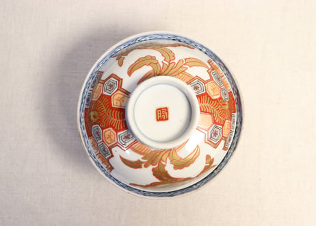 明治前期色絵芭蕉と亀甲図飯茶碗 釉剥げ