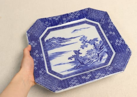 明治後期~大正銅判山水図角皿 ムシクイ,かたつき,ノミホツ