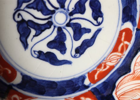 明治前期色絵三方に兎図三つ組鉢 中にニュウ,大にホツ