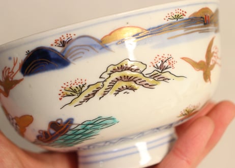 明治前期色絵山水図通り物飯茶碗② 少甘手