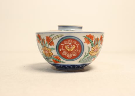 明治前期色絵四方に水仙図蓋茶碗　５客組　蓋窯傷,ノミホツあり