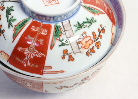 明治前期色絵三方に竹梅図通り物飯茶碗