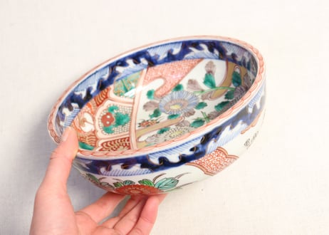 明治前期色絵菊と鶴亀図三ツ組鉢