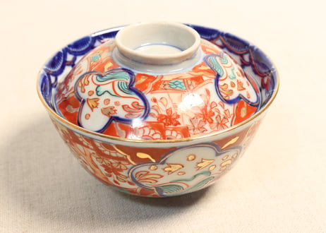 明治後期～大正色絵桜と波千鳥図通り物飯茶碗