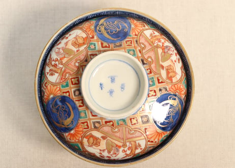 明治前期色絵梅と人物と青玉図蒸茶碗 5客組