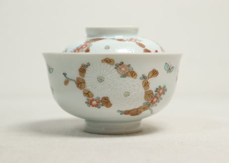 明治前期色絵三方菊図通り物飯茶碗