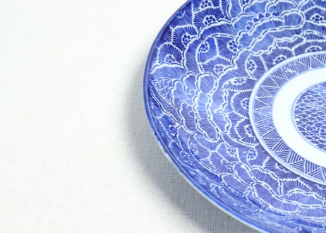 明治前期紙刷牡丹図７寸皿　少甘手
