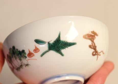 明治前期色絵菊に唐草と野菜図輪茶碗 5客組