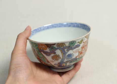 明治前期色絵鶴と松竹梅図通り物飯茶碗