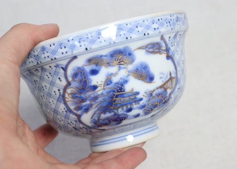 明治前期金彩染付山水図蓋茶碗