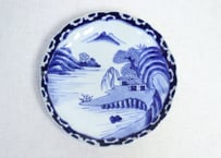 明治後期～大正染付山水図花柄縁7寸皿