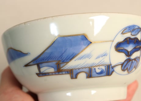 江戸幕末金彩朝顔と山水図飯茶碗