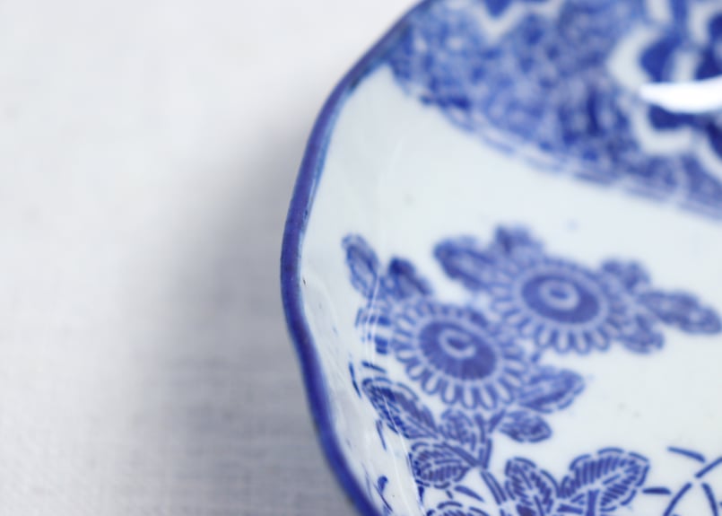 染付花口皿5点①　福禄図　漢詩紋添　送料込み1220 Antique Sam's Collection 染付印判漢詩紋湯呑 のぞき猪口 5客組