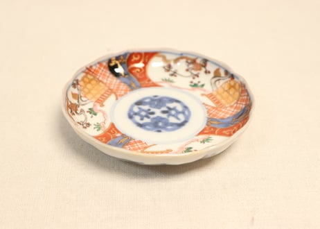 明治前期色絵梅と鶯に鳥籠図通り物小皿