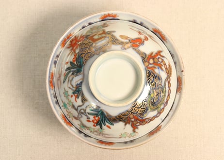 明治前期色絵龍と宝珠に人物図通り物飯茶碗②蓋少甘手