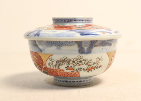 明治前期色絵柴垣に梅と龍図通り物蒸茶碗