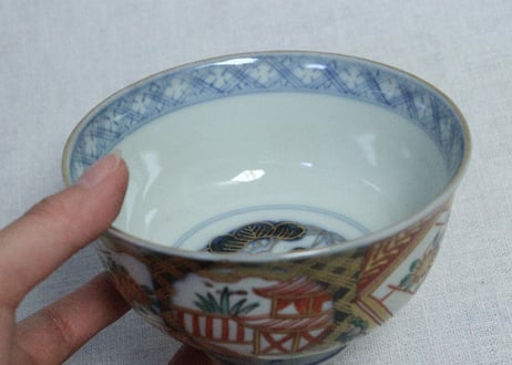 明治前期色絵扇面に菊図通り物飯茶碗