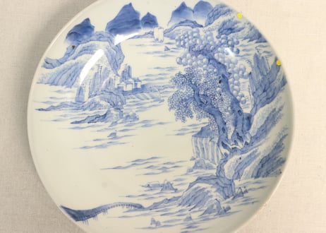 江戸幕末染付山水図８寸台皿 ムシクイ