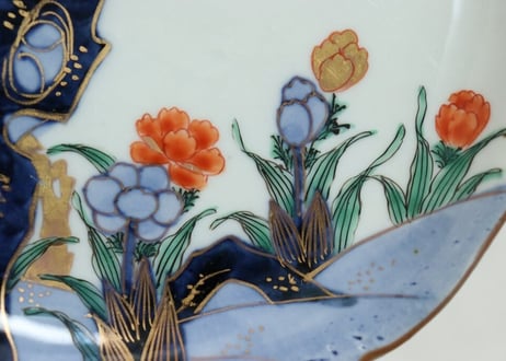 明治前期色絵梅と福寿草図5.5寸皿