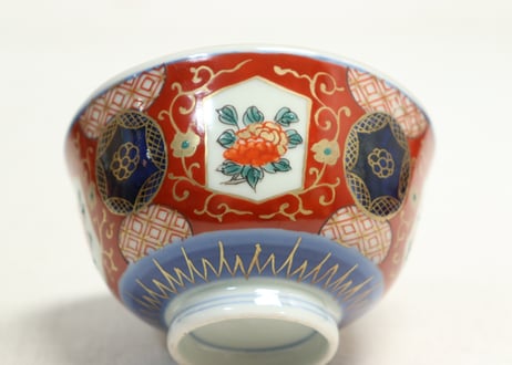 江戸幕末色絵牡丹と青玉図通り物飯茶碗