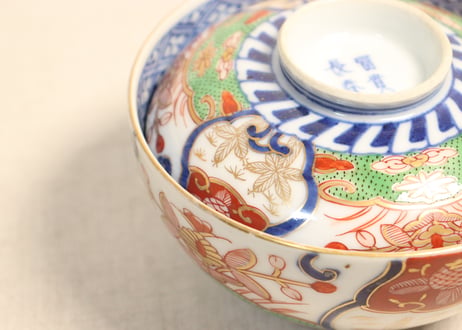 明治前期色絵若松と牡丹図飯茶碗