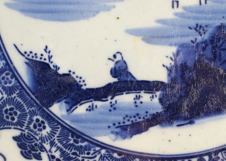 明治前期紙刷富士に窓絵散らし図尺1寸皿 ノミホツ,少フリモノ