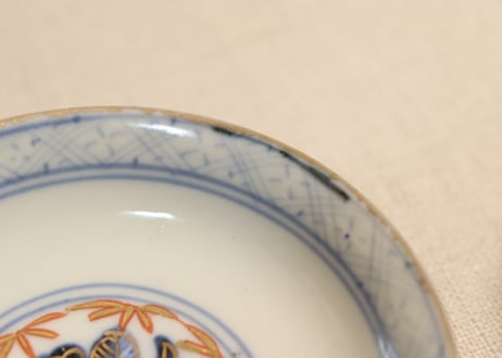 明治前期色絵桃と鶴図通り物飯茶碗