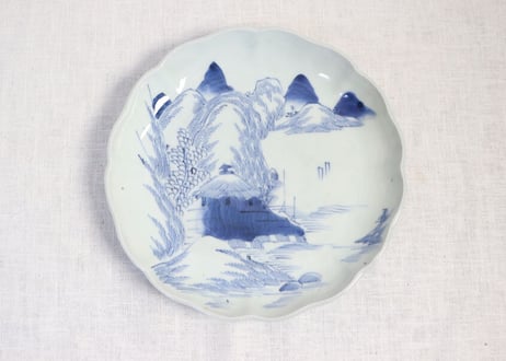 江戸幕末線描き山水図7寸皿